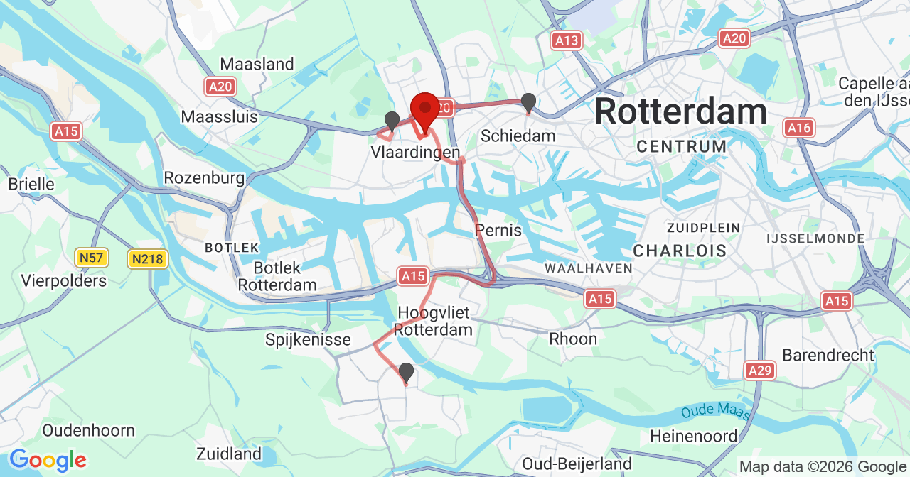 Kaart van het incident in Vlaardingen met de aanrijroutes van de gealarmeerde eenheden