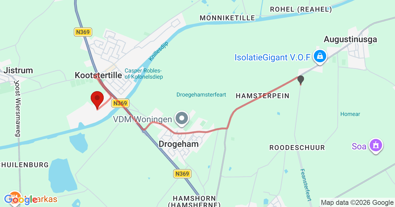 Kaart van het incident in Kootstertille met de aanrijroutes van de gealarmeerde eenheden