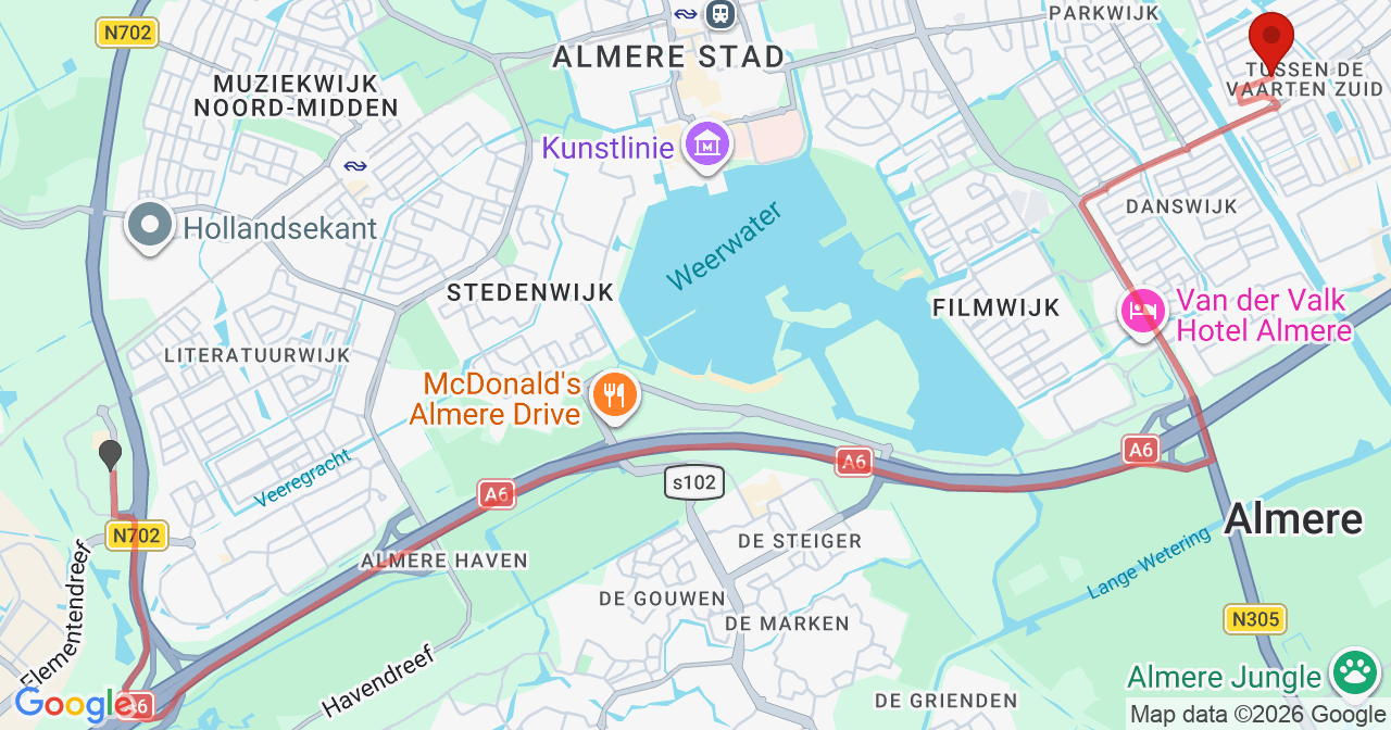 Kaart van het incident in Almere met de aanrijroutes van de gealarmeerde eenheden