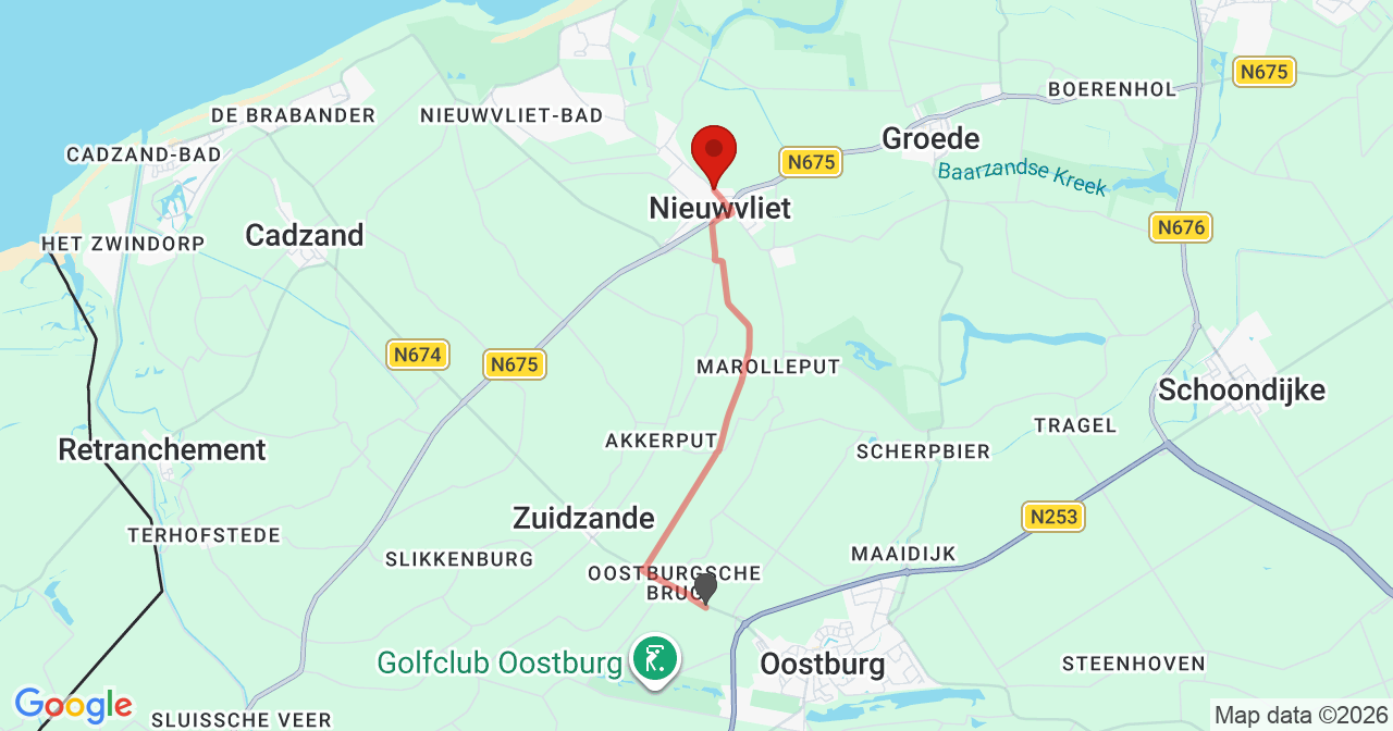 Kaart van het incident in Nieuwvliet met de aanrijroutes van de gealarmeerde eenheden