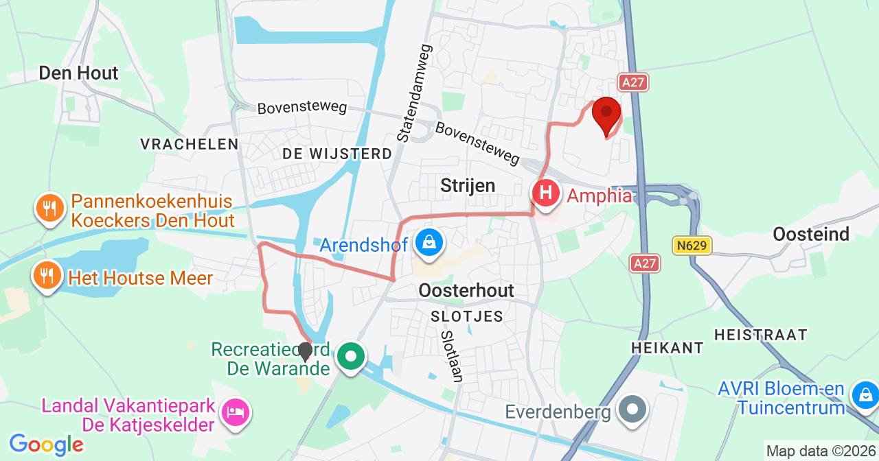 Kaart van het incident in Oosterhout NB met de aanrijroutes van de gealarmeerde eenheden