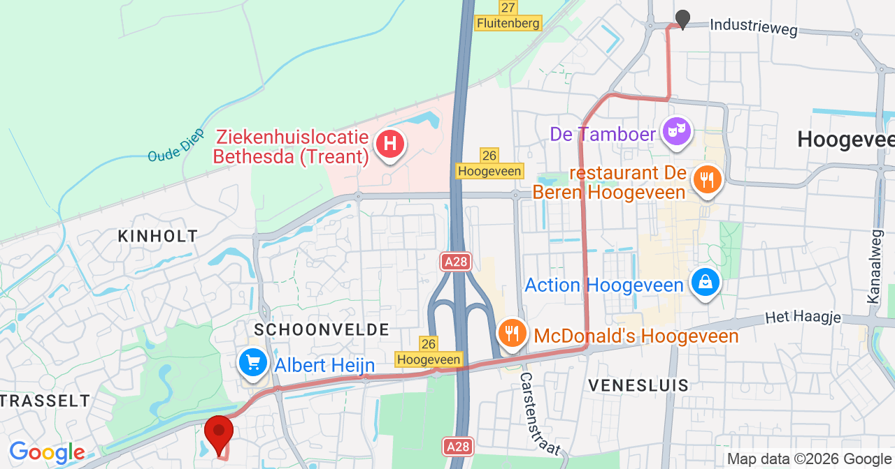 Kaart van het incident in Hoogeveen met de aanrijroutes van de gealarmeerde eenheden