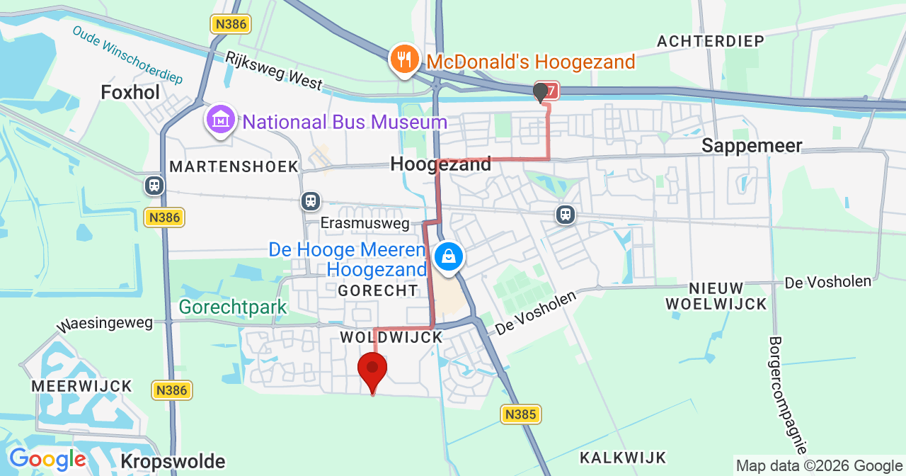 Kaart van het incident in Hoogezand met de aanrijroutes van de gealarmeerde eenheden