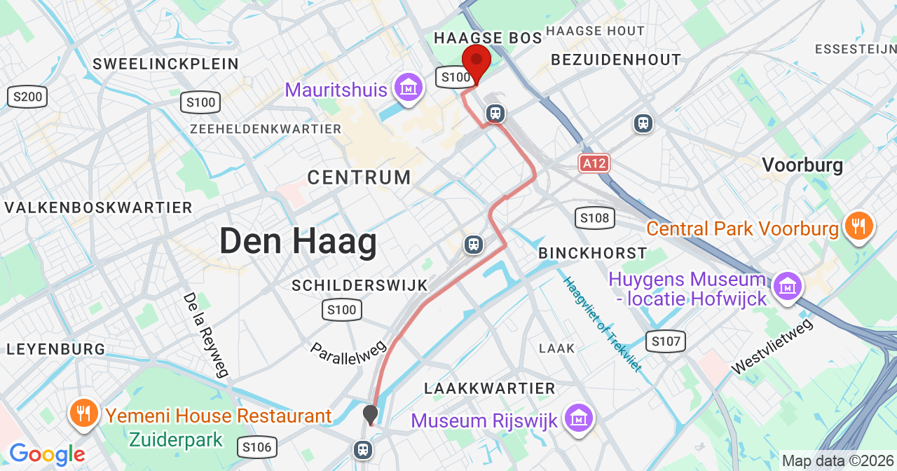 Kaart van het incident in 's-Gravenhage met de aanrijroutes van de gealarmeerde eenheden
