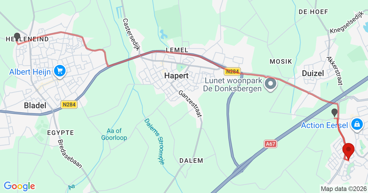 Kaart van het incident in Eersel met de aanrijroutes van de gealarmeerde eenheden