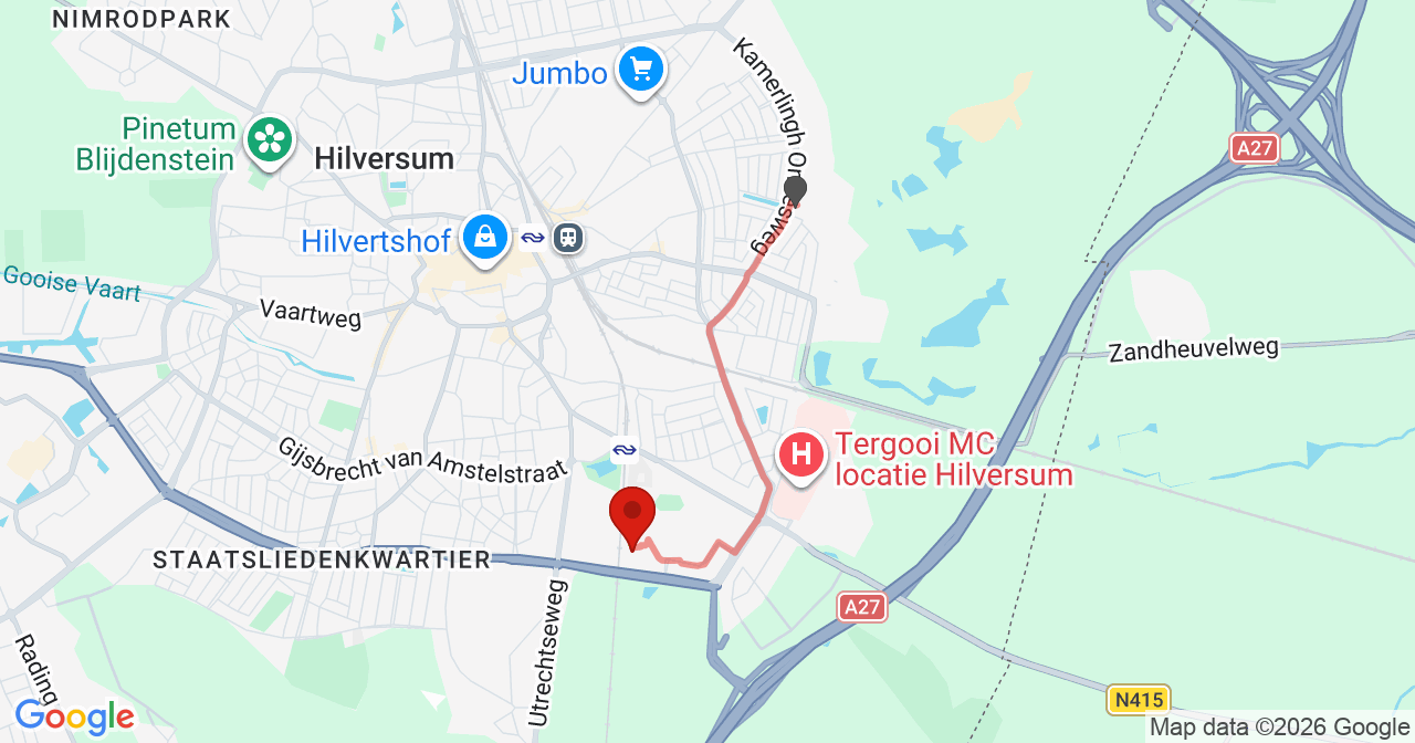 Kaart van het incident in Hilversum met de aanrijroutes van de gealarmeerde eenheden