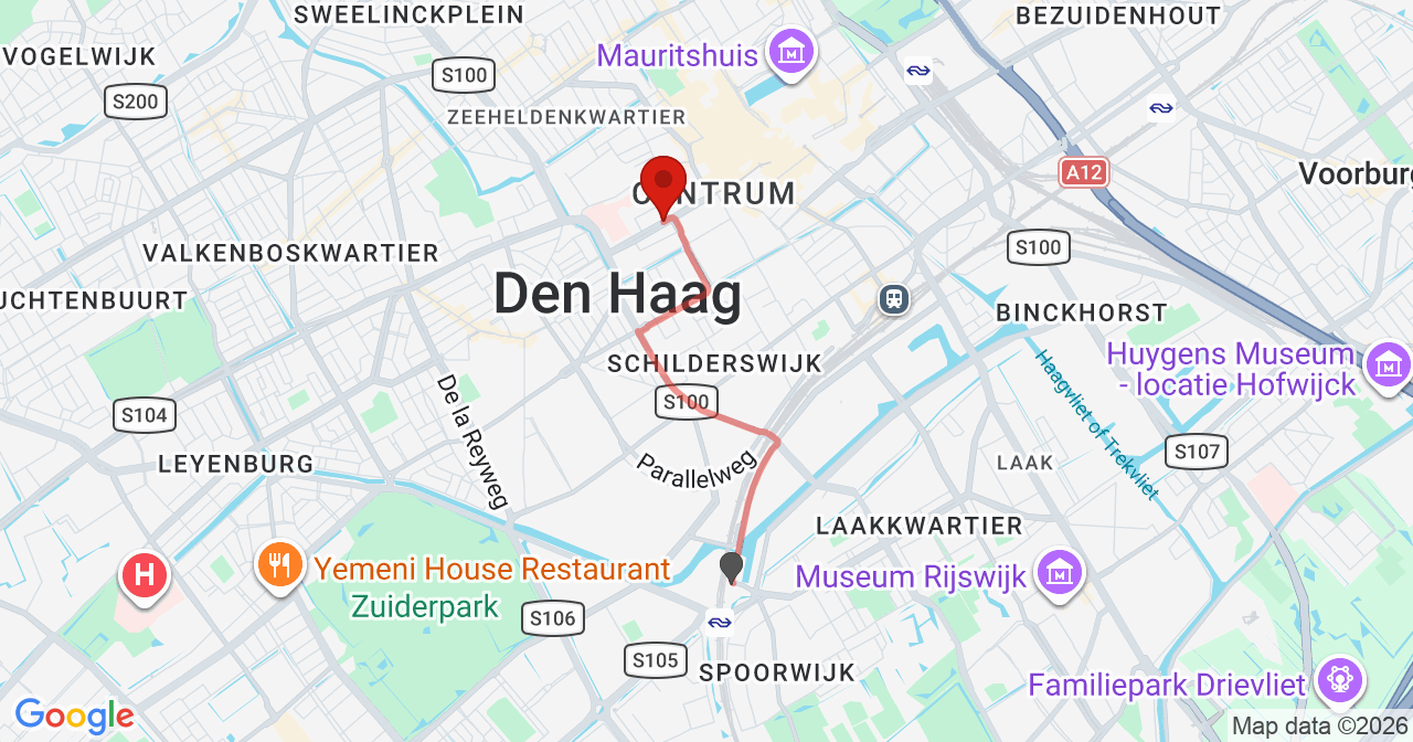 Kaart van het incident in 's-Gravenhage met de aanrijroutes van de gealarmeerde eenheden