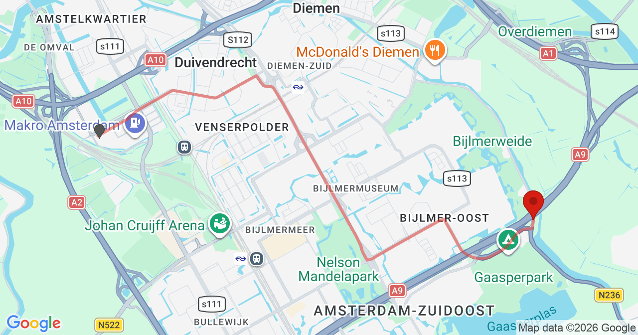 Kaart van het incident in Amsterdam met de aanrijroutes van de gealarmeerde eenheden