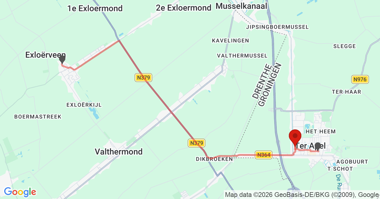 Kaart van het incident in Ter Apel met de aanrijroutes van de gealarmeerde eenheden