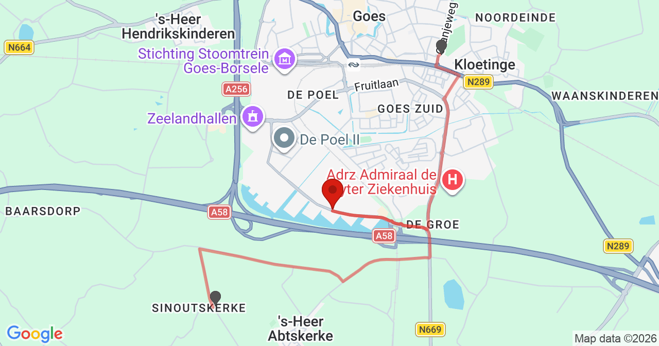 Kaart van het incident in Goes met de aanrijroutes van de gealarmeerde eenheden