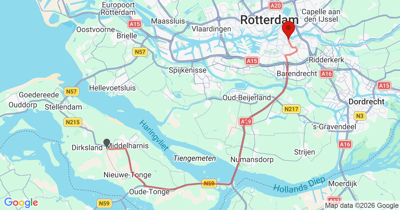Kaart van het incident in Rotterdam met de aanrijroutes van de gealarmeerde eenheden