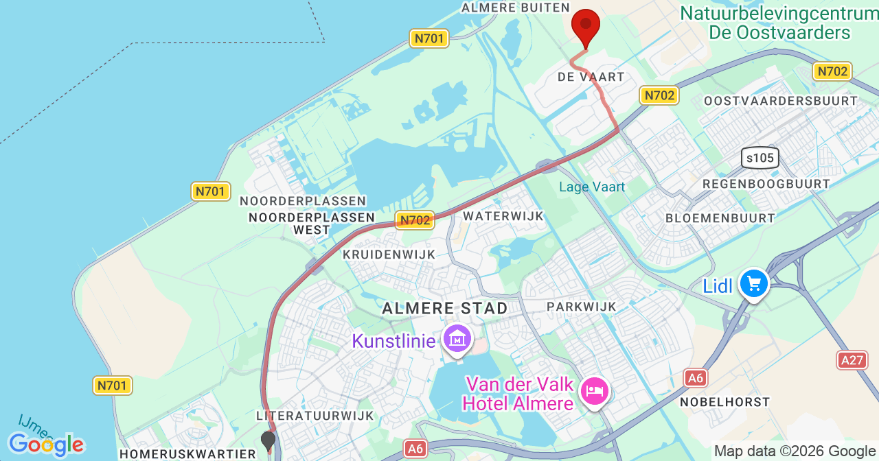 Kaart van het incident in Almere met de aanrijroutes van de gealarmeerde eenheden
