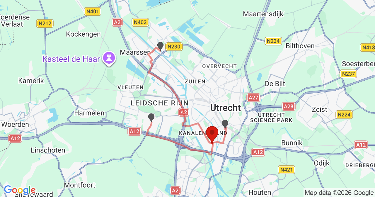 Kaart van het incident in Utrecht met de aanrijroutes van de gealarmeerde eenheden