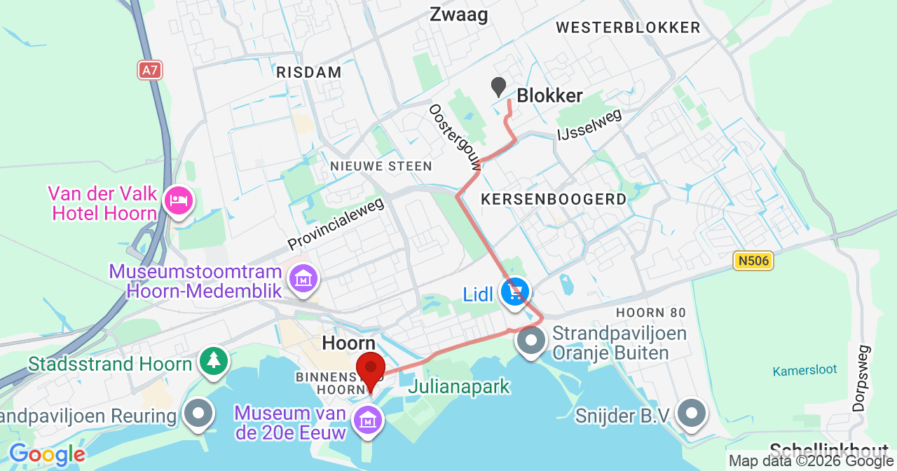 Kaart van het incident in Hoorn NH met de aanrijroutes van de gealarmeerde eenheden