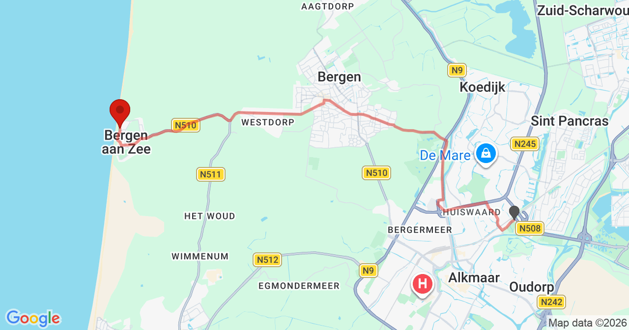 Kaart van het incident in Bergen aan Zee met de aanrijroutes van de gealarmeerde eenheden