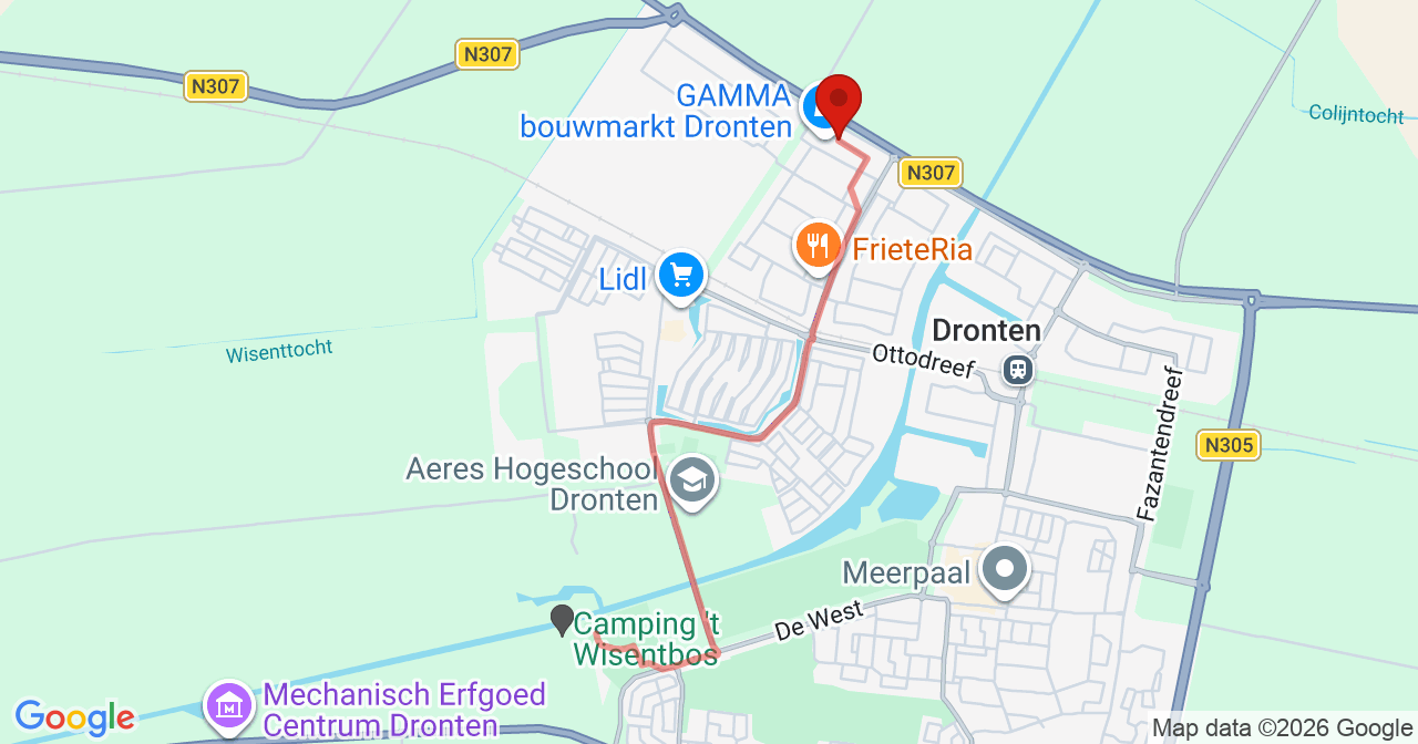 Kaart van het incident in Dronten met de aanrijroutes van de gealarmeerde eenheden