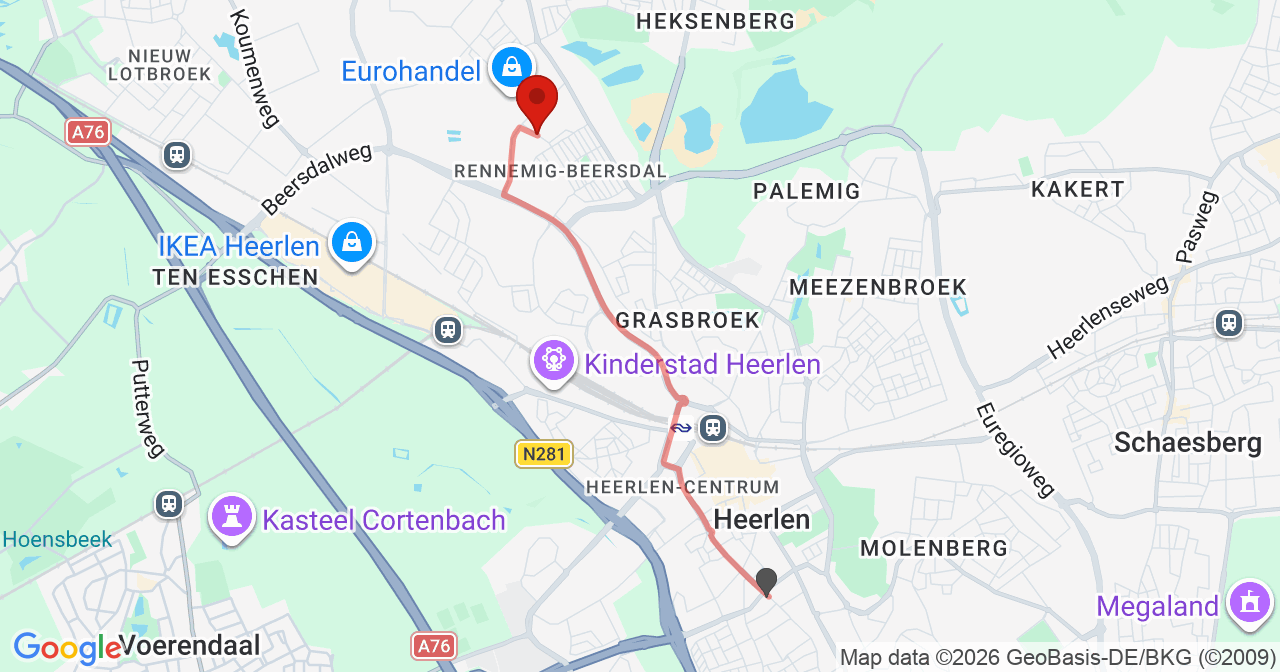 Kaart van het incident in Heerlen met de aanrijroutes van de gealarmeerde eenheden
