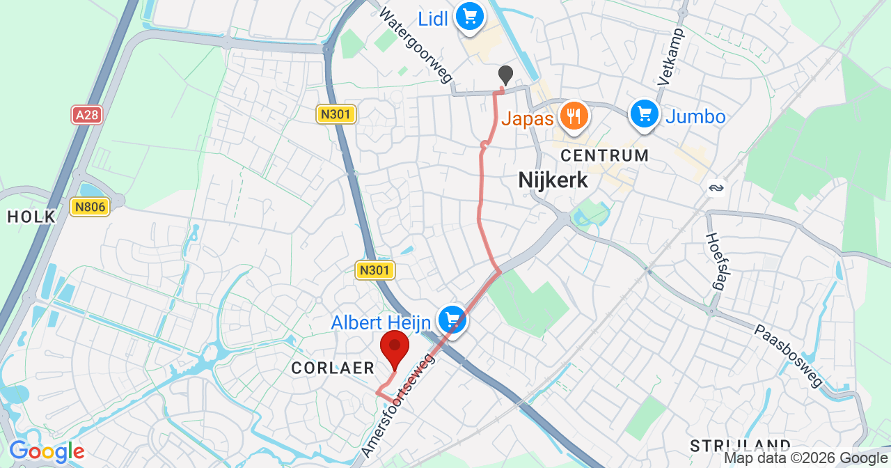 Kaart van het incident in Nijkerk met de aanrijroutes van de gealarmeerde eenheden