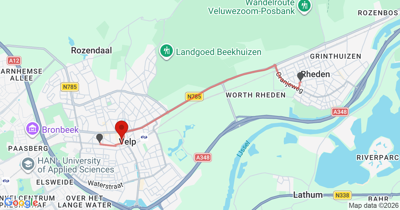 Kaart van het incident in Velp met de aanrijroutes van de gealarmeerde eenheden