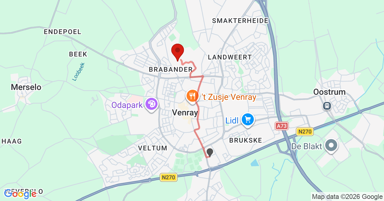 Kaart van het incident in Venray met de aanrijroutes van de gealarmeerde eenheden