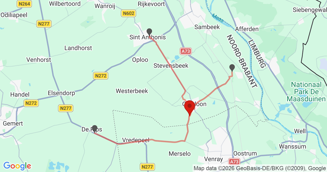 Kaart van het incident in Overloon met de aanrijroutes van de gealarmeerde eenheden