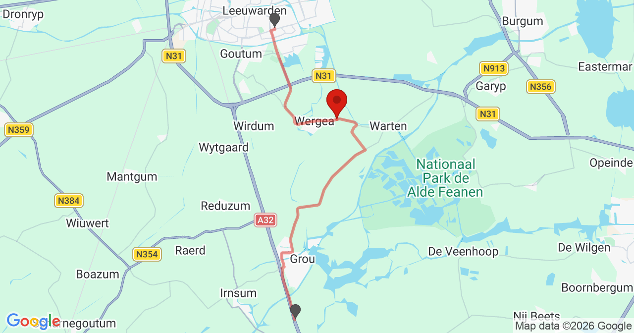 Kaart van het incident in Wergea met de aanrijroutes van de gealarmeerde eenheden