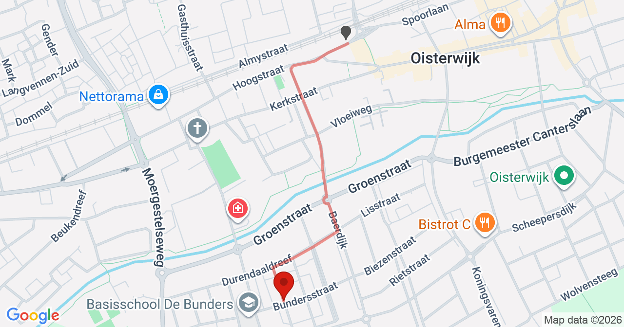 Kaart van het incident in Oisterwijk met de aanrijroutes van de gealarmeerde eenheden