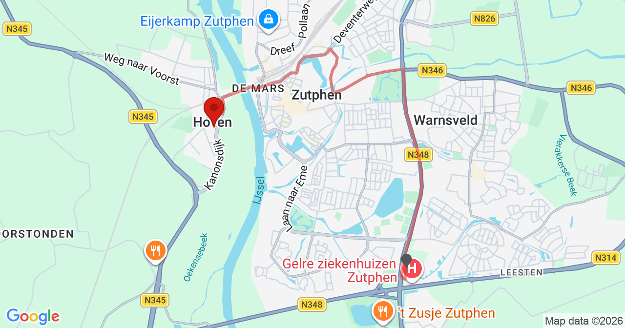 Kaart van het incident in Zutphen met de aanrijroutes van de gealarmeerde eenheden