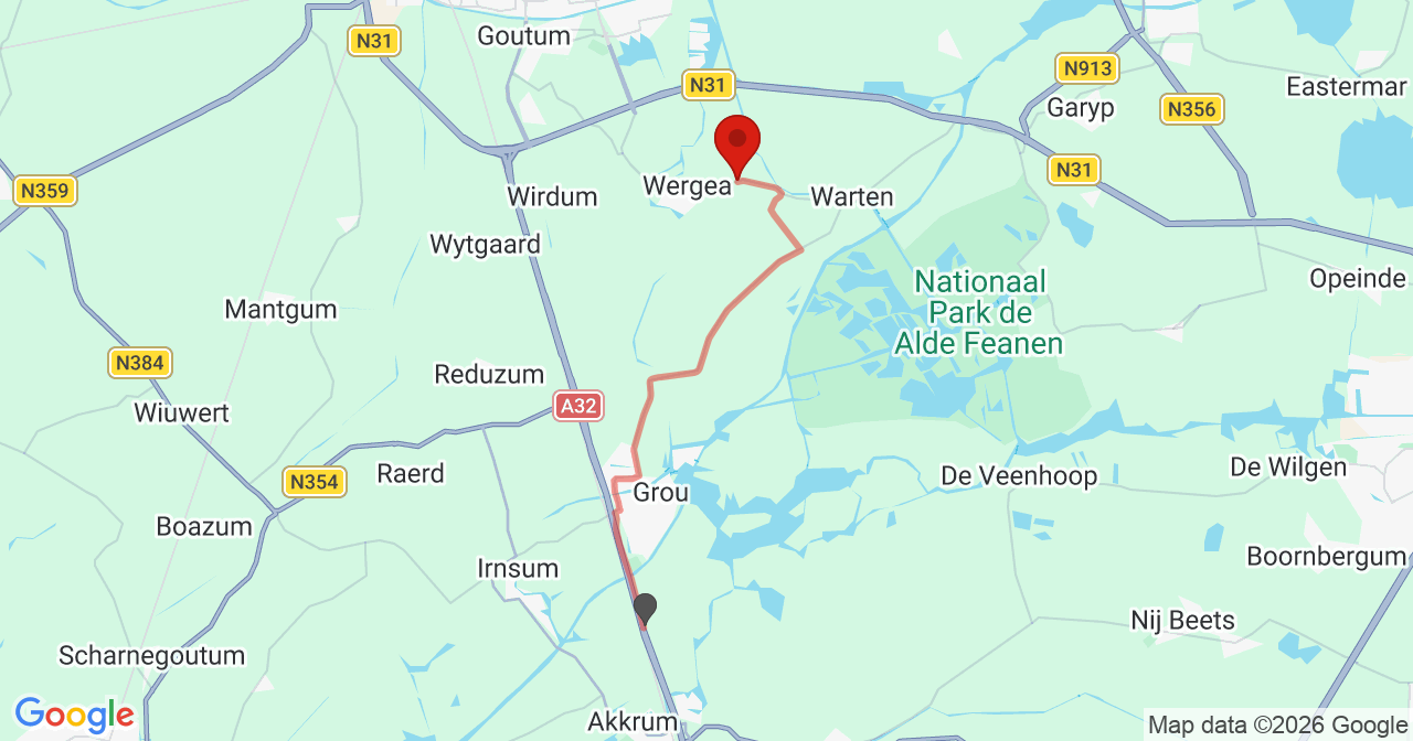Kaart van het incident in Wergea met de aanrijroutes van de gealarmeerde eenheden