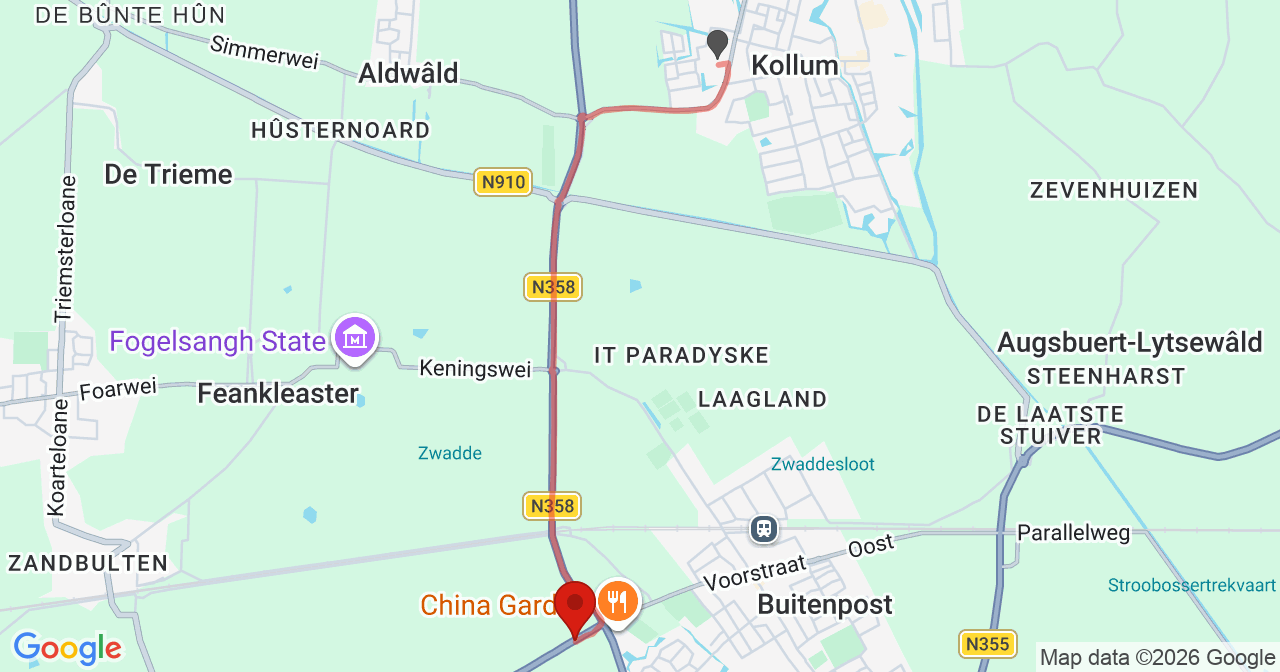 Kaart van het incident in Buitenpost met de aanrijroutes van de gealarmeerde eenheden
