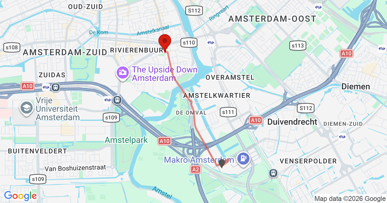 Kaart van het incident in Amsterdam met de aanrijroutes van de gealarmeerde eenheden