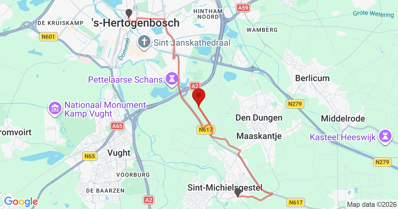 Kaart van het incident in 's-Hertogenbosch met de aanrijroutes van de gealarmeerde eenheden