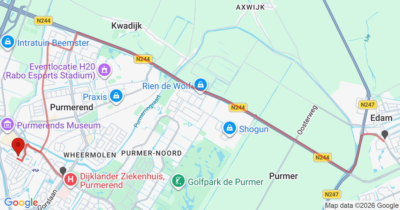 Kaart van het incident in Purmerend met de aanrijroutes van de gealarmeerde eenheden