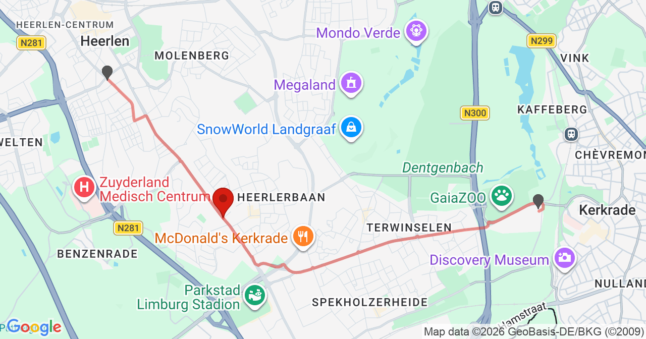 Kaart van het incident in Heerlen met de aanrijroutes van de gealarmeerde eenheden