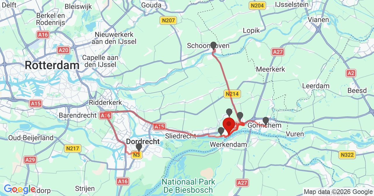 Kaart van het incident in Hardinxveld-Giessendam met de aanrijroutes van de gealarmeerde eenheden