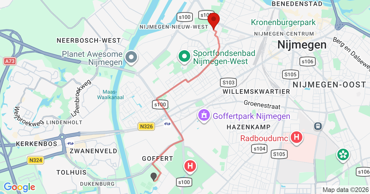 Kaart van het incident in Nijmegen met de aanrijroutes van de gealarmeerde eenheden