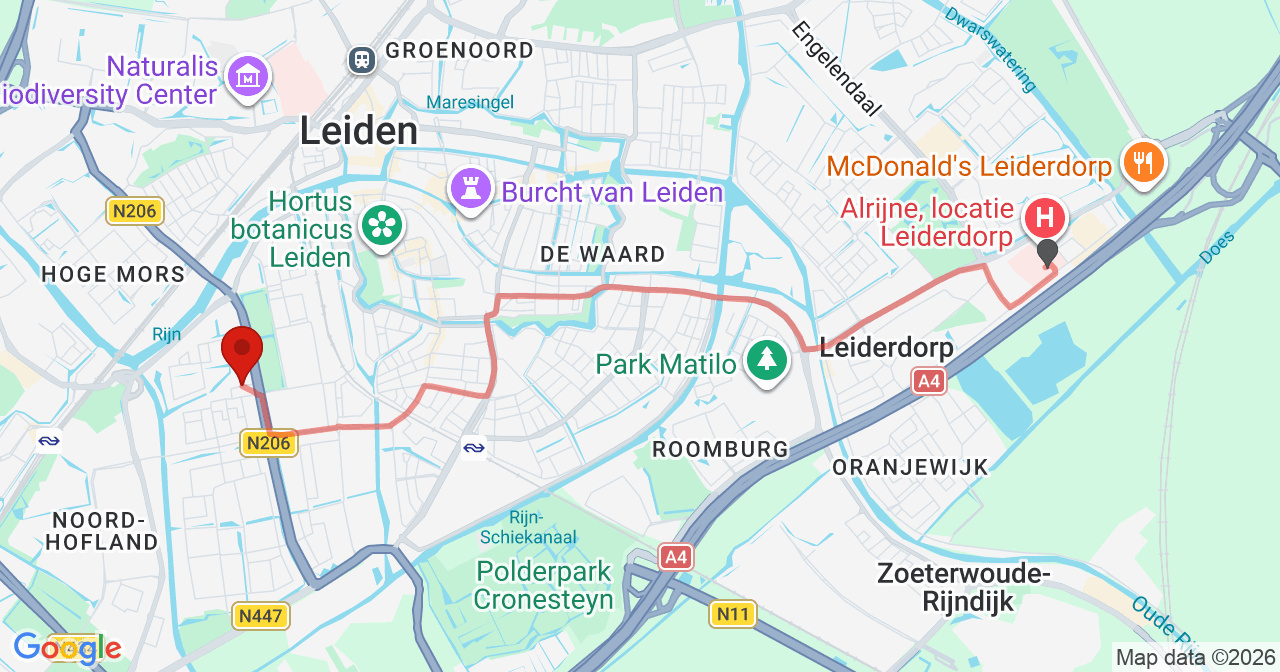Kaart van het incident in Leiden met de aanrijroutes van de gealarmeerde eenheden