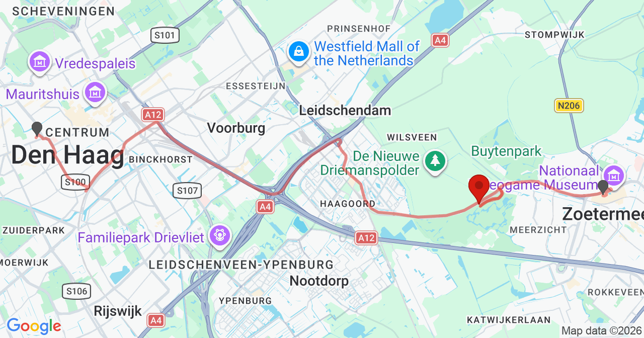 Kaart van het incident in Zoetermeer met de aanrijroutes van de gealarmeerde eenheden