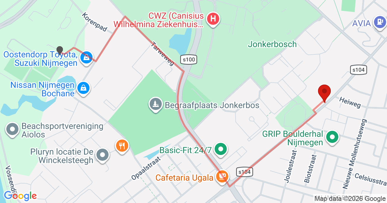 Kaart van het incident in Nijmegen met de aanrijroutes van de gealarmeerde eenheden