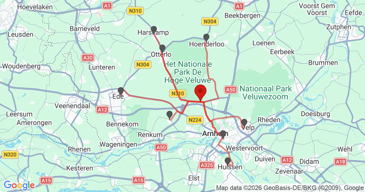 Kaart van het incident in Arnhem met de aanrijroutes van de gealarmeerde eenheden