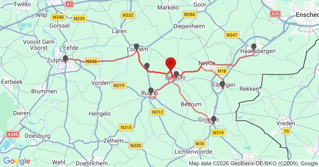 Kaart van het incident in Borculo met de aanrijroutes van de gealarmeerde eenheden