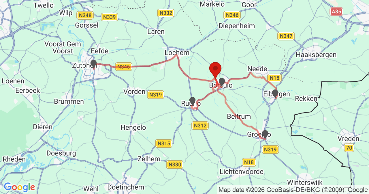 Kaart van het incident in Borculo met de aanrijroutes van de gealarmeerde eenheden