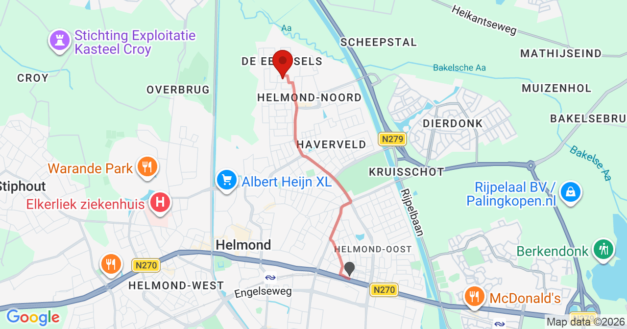 Kaart van het incident in Helmond met de aanrijroutes van de gealarmeerde eenheden