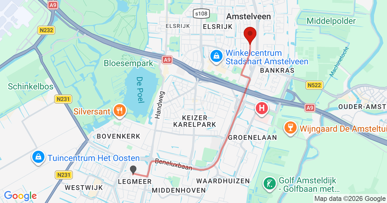 Kaart van het incident in Amstelveen met de aanrijroutes van de gealarmeerde eenheden