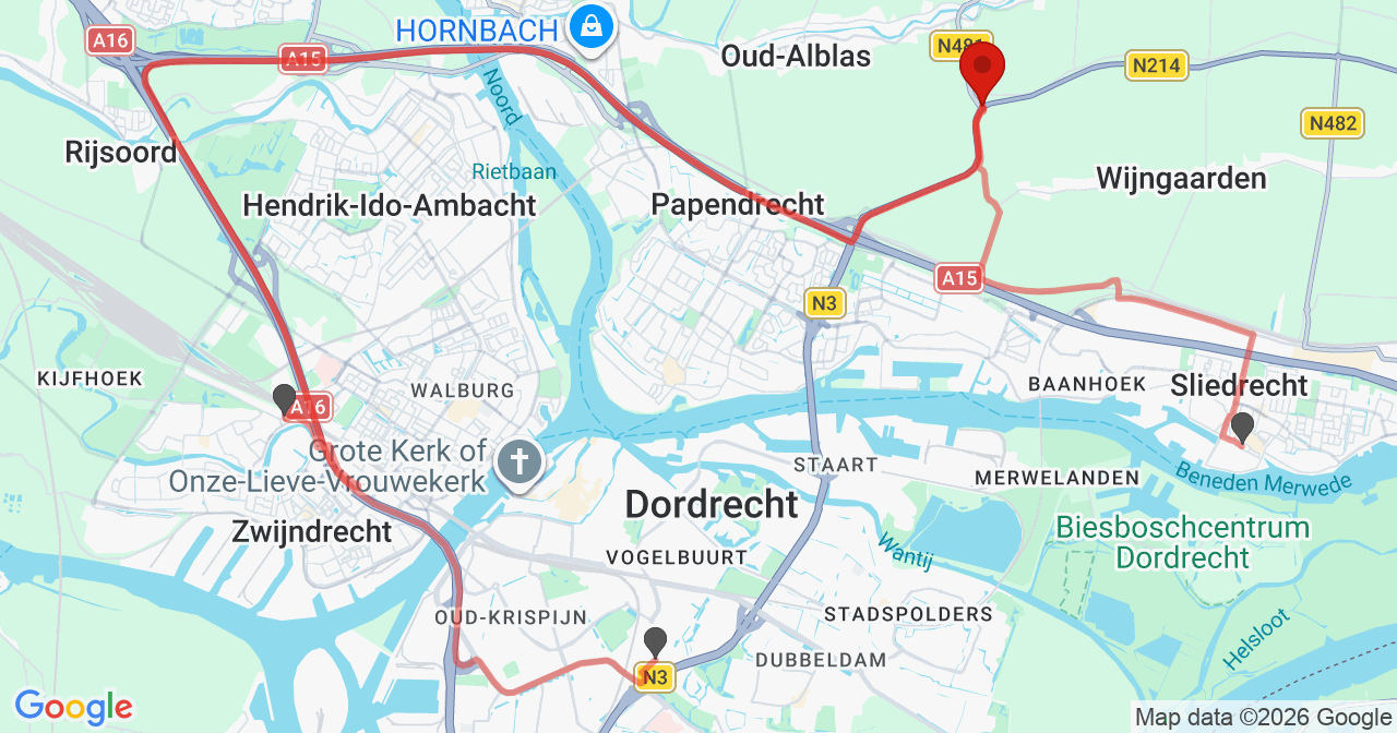 Kaart van het incident in Papendrecht met de aanrijroutes van de gealarmeerde eenheden