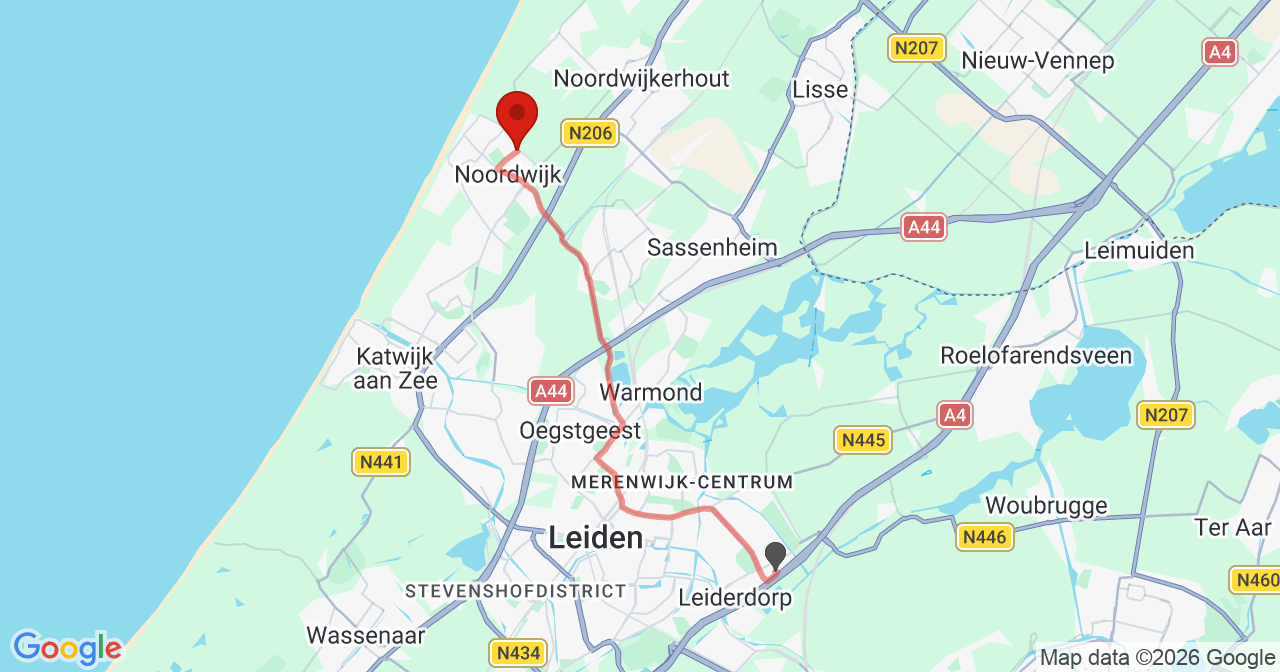 Kaart van het incident in Noordwijk met de aanrijroutes van de gealarmeerde eenheden