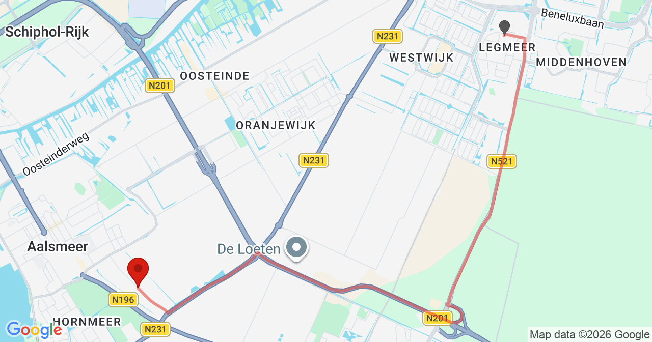 Kaart van het incident in Aalsmeer met de aanrijroutes van de gealarmeerde eenheden