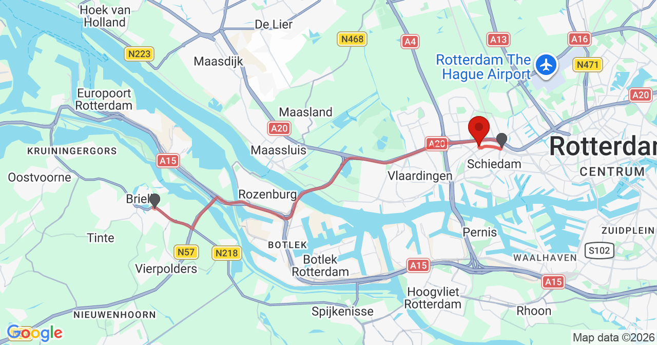 Kaart van het incident in Schiedam met de aanrijroutes van de gealarmeerde eenheden