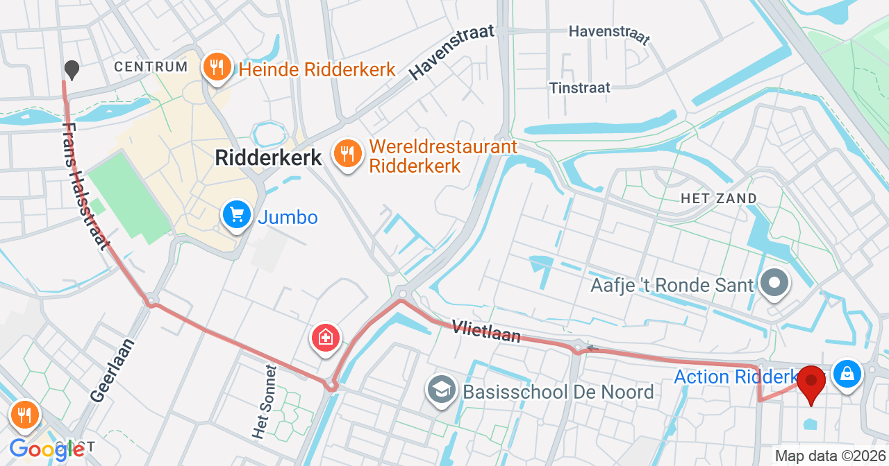 Kaart van het incident in Ridderkerk met de aanrijroutes van de gealarmeerde eenheden