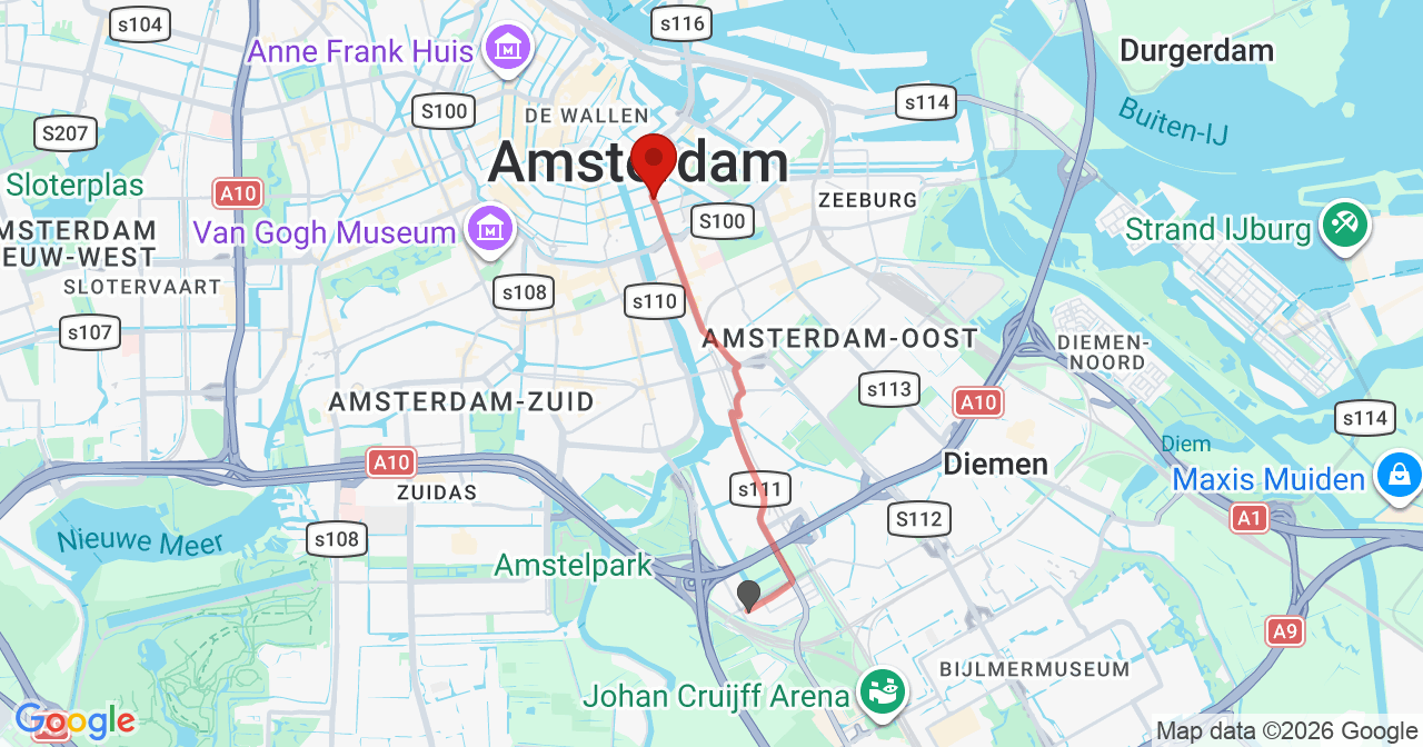 Kaart van het incident in Amsterdam met de aanrijroutes van de gealarmeerde eenheden